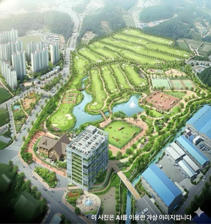  파크골프 테마공원의 청사진  북파주발전포럼이 제안한 캠프 개리오웬 파크골프 테마공원 가상 조감도 대규모 녹지와 스포츠 시설을 결합해 수도권 최대의 레저 거점을 조성한다는 계획이다 이미지 제공 북파주발전포럼