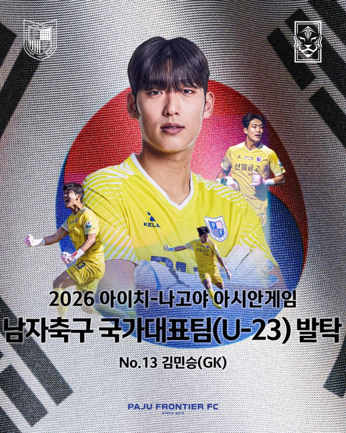 파주 프런티어FC 골키퍼 김민승이 2026 아이치나고야 아시안게임 대한민국 U23 축구대표팀 최종 명단에 선발돼 태극마크를 달고 금메달에 도전한다 파주 프런티어FC