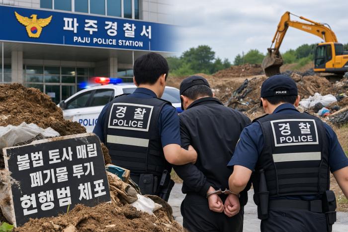 불법 토사 매립 및 폐기물 투기 의혹과 관련한 현행범 체포 상황을 표현한 AI 생성 참고 이미지 해당 인물은 구속 상태에서 수사를 받고 있는 것으로 파악됐다 AI 생성 이미지